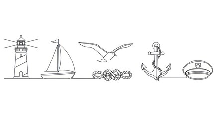 Nautical line art elements lighthouse sailboat seagull anchor and cap design
