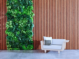 Fototapeta premium Large illustration 3D rendering luxury modern bright interiors Living room mockup with Couch and Ceiling Fan Ventilation