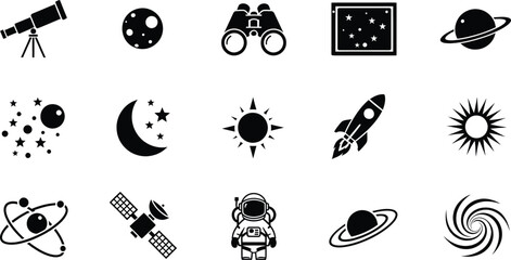 A collection of black and white space and astronomy icons featuring rockets, planets, and stars © MohammadSakhawat