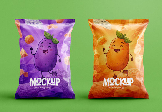 Potato Chips Snack Pouch Packaging Mockup with Cartoon Character and Editable Background
