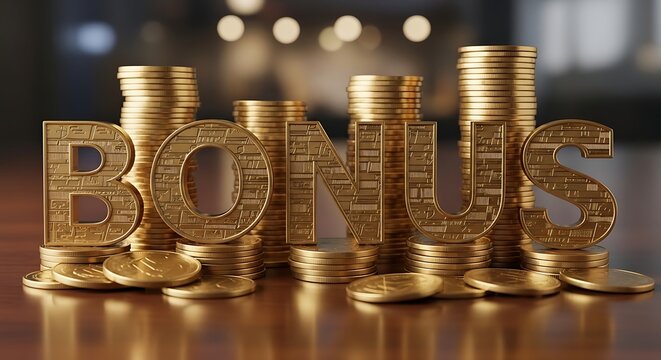 Golden coins stacked to form the word bonus
