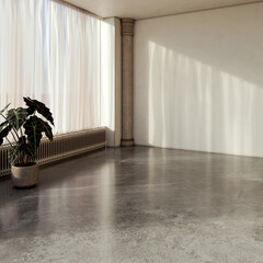 Fototapeta premium Large illustration 3D rendering luxury modern bright interiors Living room mockup with Couch and Ceiling Fan Ventilation