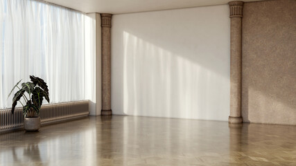 Fototapeta premium Large illustration 3D rendering luxury modern bright interiors Living room mockup with Couch and Ceiling Fan Ventilation