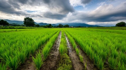 Obraz premium Lush Green Rice Paddies Under Dramatic Skies with Flood Irrigation System