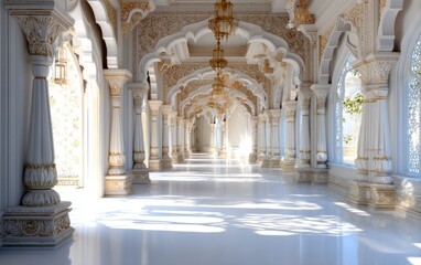 Obraz premium Intricate Wall Carvings in a Castle Corridor with Elegant Lighting Effects