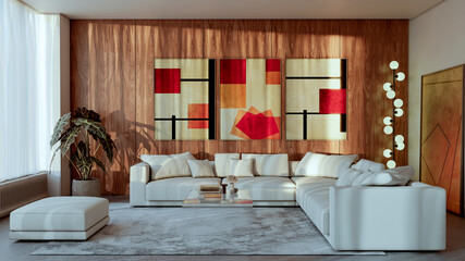 Fototapeta premium Large illustration 3D rendering luxury modern bright interiors Living room mockup with Couch and Ceiling Fan Ventilation