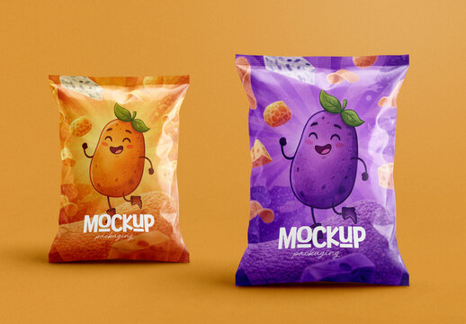 Potato Chips Snack Pouch Packaging Mockup with Cartoon Character and Editable Background