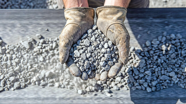 Quarry conveyor with gravel stream and worker holding stones with gloves