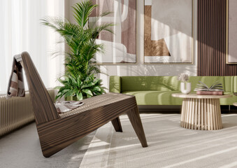 Naklejka premium Large illustration 3D rendering luxury modern bright interiors Living room mockup with Couch and Ceiling Fan Ventilation