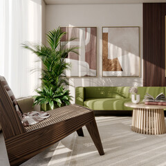 Naklejka premium Large illustration 3D rendering luxury modern bright interiors Living room mockup with Couch and Ceiling Fan Ventilation