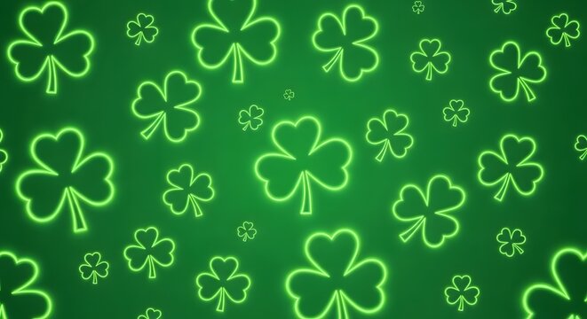 Neon green shamrocks pattern on dark green background, St. Patrick's Day