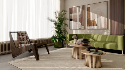 Naklejka premium Large illustration 3D rendering luxury modern bright interiors Living room mockup with Couch and Ceiling Fan Ventilation