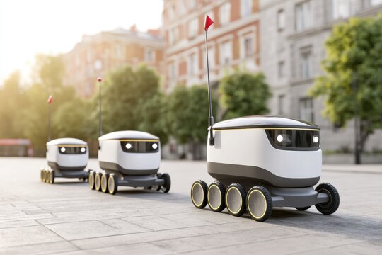 Three small autonomous delivery robots on a city street, featuring distinct designs and wheels, with buildings and trees visible in the background