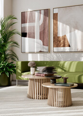 Naklejka premium Large illustration 3D rendering luxury modern bright interiors Living room mockup with Couch and Ceiling Fan Ventilation