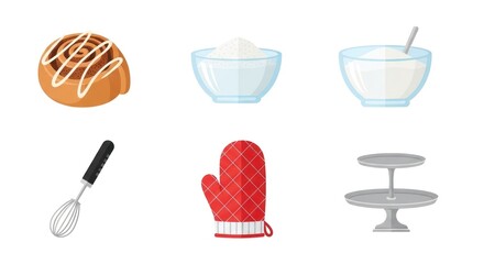 Bakery items illustration featuring cinnamon roll and baking tools on white