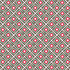Seamless diamond square geometric pattern in teal, red and brown tones. Bold retro background perfect for textile, wallpaper, wrapping paper and decor.