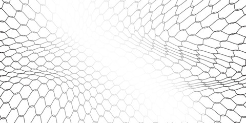Fishing or soccer net. Repeated hexagon pattern. Black wired mesh texture isolated on white background. Metallic or fabric fence, cage or lattice structure. Vector graphic Illustration. © Lia