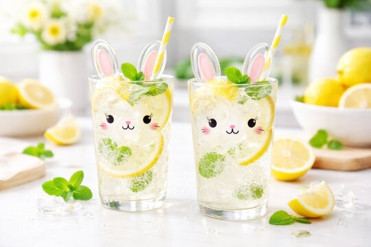 Two refreshing lemonades in cute bunny glasses with mint and lemon slices, perfect for spring