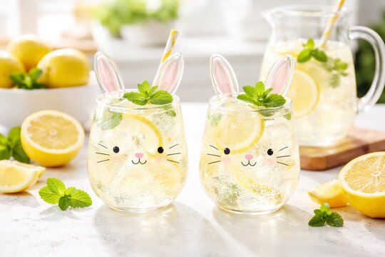 Two cute bunny-themed glasses filled with refreshing lemonade and garnished with mint and lemon slices