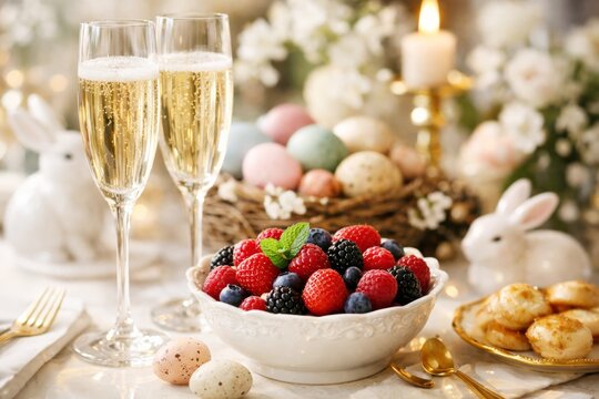 Elegant Easter brunch table setting with champagne, fresh berries, and festive decorations