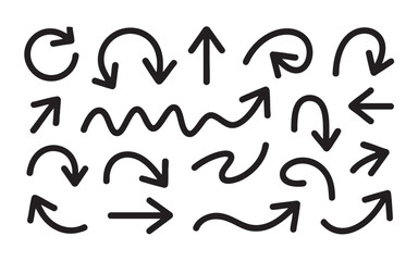 Hand drawn doodle arrow icons set isolated on white background. Brush stroke arrow symbols set.