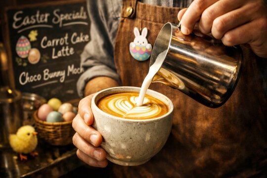 Barista pouring latte art into a cup with Easter decorations in the background
