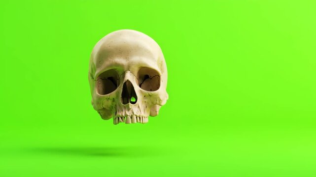 Human skull bone anatomy floating with shadow on green screen background detailed texture eerie mysterious atmosphere creative medical concept