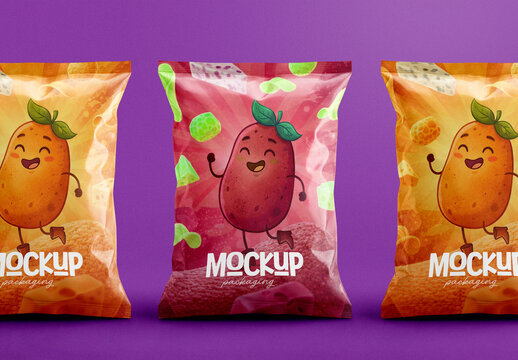 Potato Chips Snack Pouch Packaging Mockup with Cartoon Character and Editable Background
