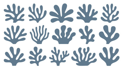Marine coral reef collection for coastal design. Blue coral silhouette shapes set isolated on white background.  © Songrami