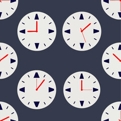 Seamless pattern of modern analog clocks with white faces, red hands, and dark blue markers on a deep indigo background, symbolizing time, deadlines, and punctuality.