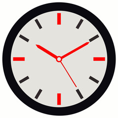 Minimalist flat design clock icon illustration with red hands and markers on a white face, symbolizing time, deadlines, and punctuality.
