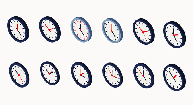 Collection of isometric wall clocks displaying different hours, symbolizing time management, productivity, deadlines, and the concept of time passing.