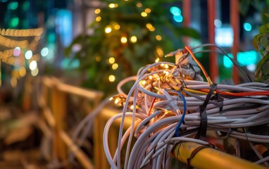 Tangled Electrical Cables Mess Near Outdoor Environment with Decorative Lights