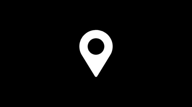 Minimalist white map pin icon animation on solid black background with bouncing motion and scale transitions