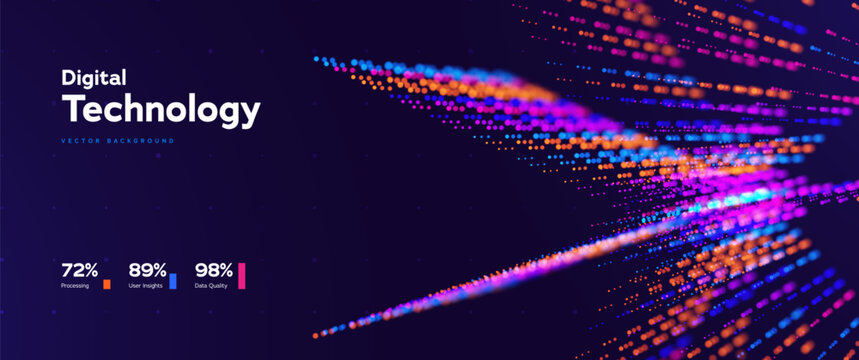 Big Data Digital Technology Background With Glowing Neon Dots Forming Fast Streams For AI, Cloud And Innovation Concepts. Digital Technology Backgrounds For Presentations. Vector Illustration.
