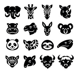 Fototapeta premium Various mammal head icons arranged in grid on dark background