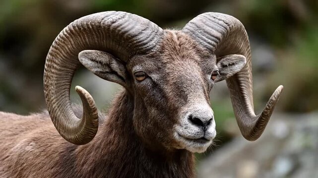 A ram with curved horns stands outdoors