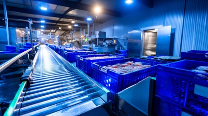 Nighttime Seafood Processing in Refrigerated Plant with Conveyor Belt