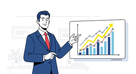 Professional businessman presenting financial growth and market success strategy on a whiteboard, explaining data analysis and future investment trends in a corporate meeting setting