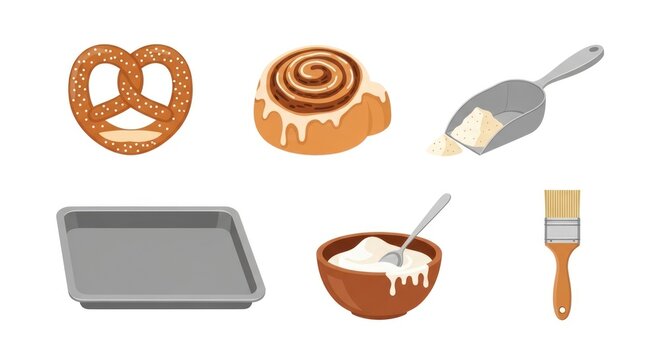 Bakery items illustration pretzel cinnamon roll flour baking tools isolated