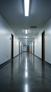 Long, empty, sterile hallway with fluorescent lights and doors.