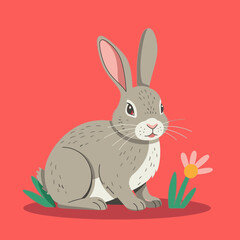 Obraz premium Cartoon rabbit illustration against red background with flower and grass elements