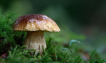 A mushroom is sitting on a patch of moss