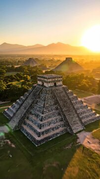 Sunrise Over Ancient Mayan Pyramid Chichen Itza Mexico Aerial Drone Footage.