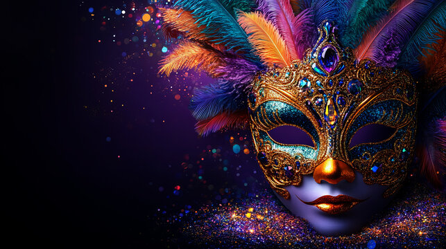  carnival mask with feathers and colorful glitter on a dark purple background, 