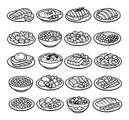 Assorted plated food sketches displayed in grid on gray background