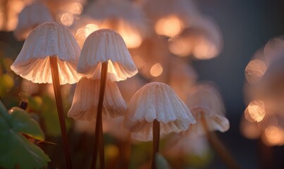 Fototapeta premium A bunch of white mushrooms with a light shining on them