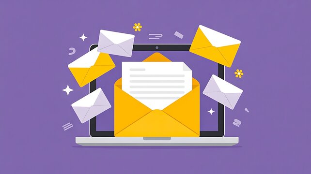 Email marketing concept with laptop and envelopes showing digital communication message sending