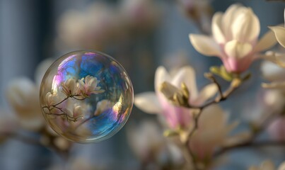 A bubble is floating above a tree with pink flowers