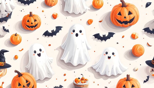 Halloween pattern with cheerful ghosts, pumpkins, bats, and candy on a neutral background